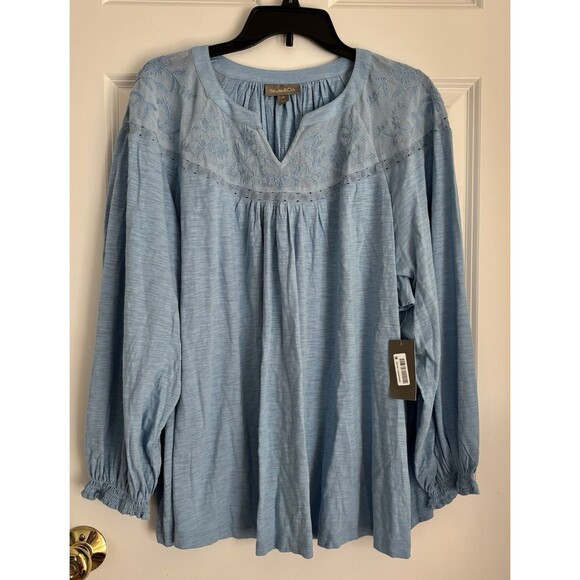 STYLE & CO. WOMENS TOP EMBROIDERED BLUE LONG SLEVEE PULLON COTTON SIZE 1X, 2X,3X - Picture 3 of 8